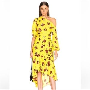 NEW A.L.C. Dress Florence Floral One Shoulder Yellow Ruched Silk Midi Dress